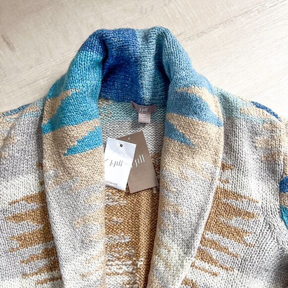 BNWT J.Jill Women Sz Medium Petite Aztec Boho Shawl Cardigan Sweater Blue Brown - Picture 3 of 8